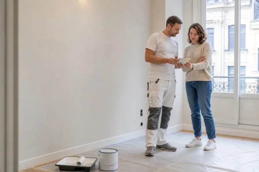 Peintre et propriétaire validant les couleurs d’un appartement rénové