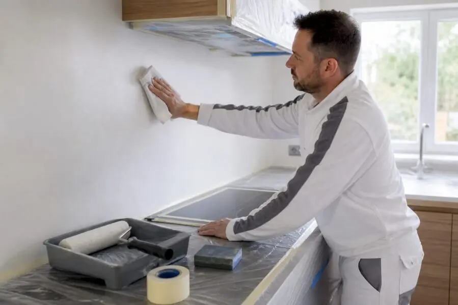 Peintre dégraissant et préparant un mur de cuisine protégé