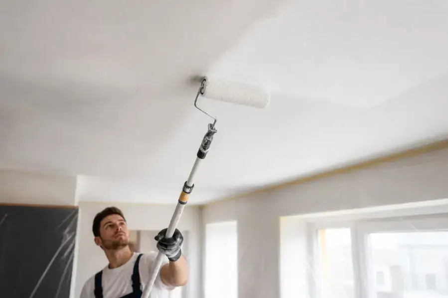 Rouleau appliquant une peinture blanche uniforme sur un plafond