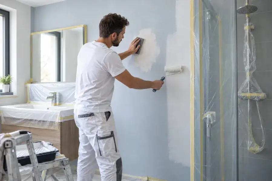 Peintre préparant et rénovant un mur de salle de bain