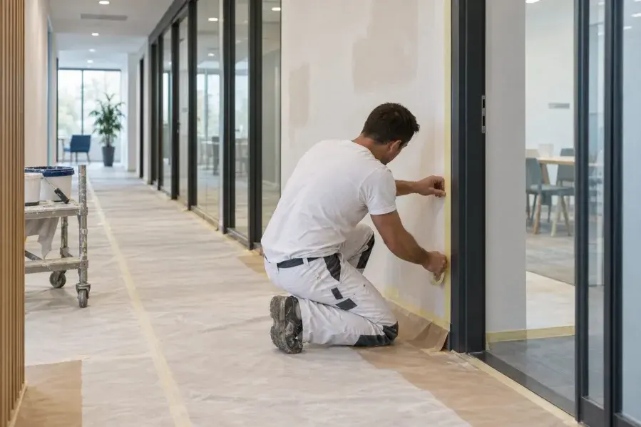 Peintre protégeant et préparant un mur de bureau avant peinture