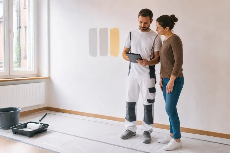 Peintre professionnel présentant une estimation de travaux à une cliente